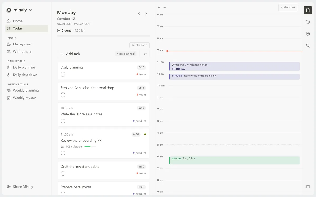 Mihaly's Today screen in the morning: the day's tasks on the left, their time blocks on the calendar on the right.
